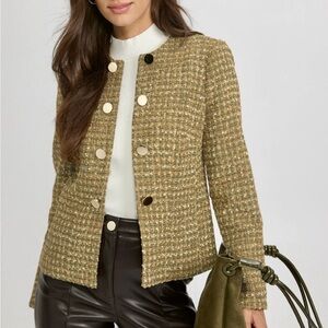 LAURA Green & Gold Tweed Bouclé Button-detail Blazer